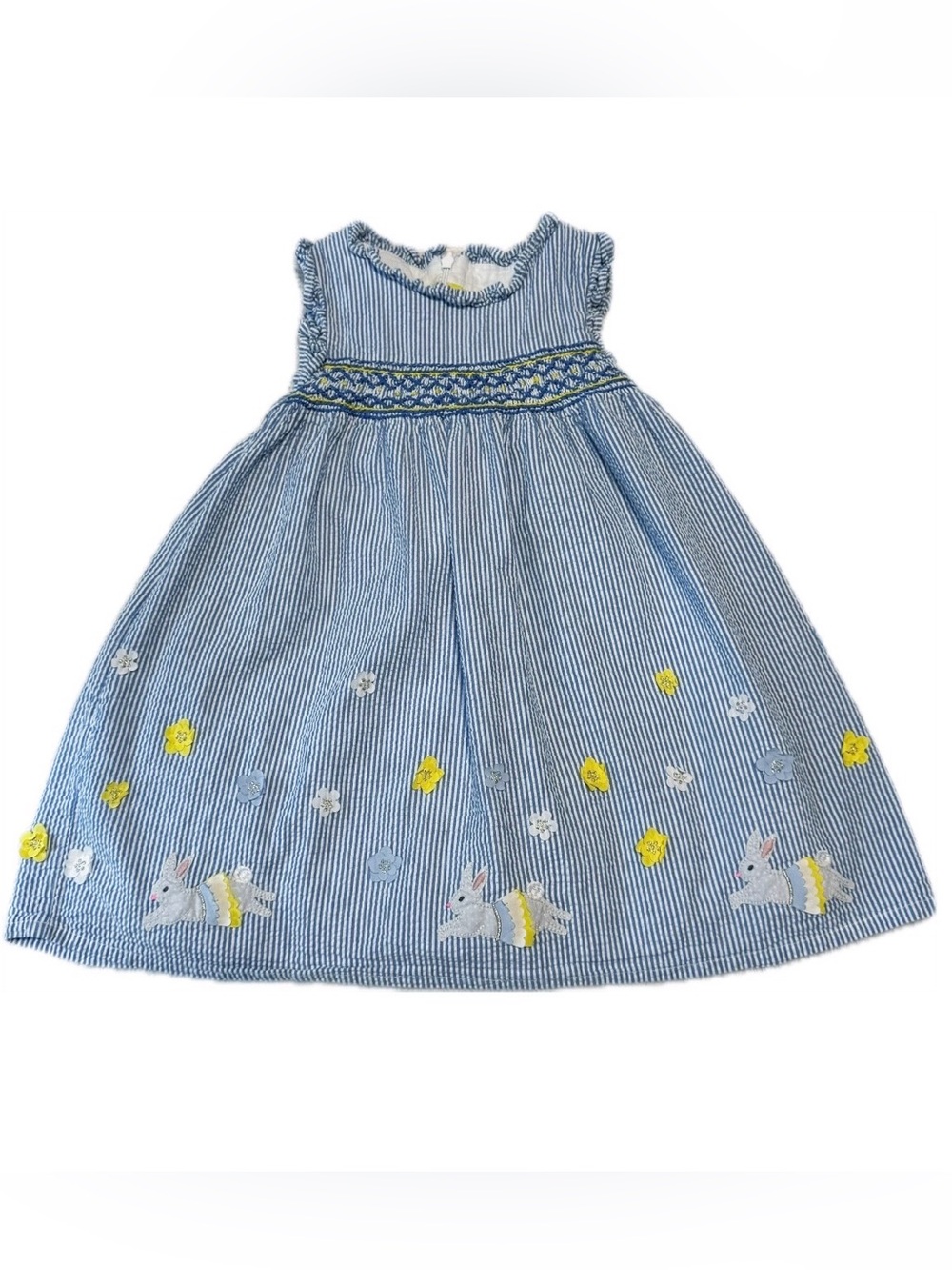 Mini Boden Blue Striped Smocked Dress with Yellow Bunny Embroidery